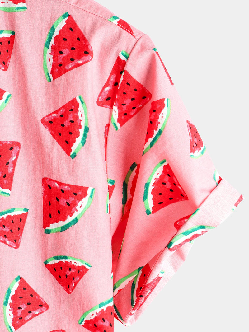 Men's Pink Watermelon Print Short Sleeve Shirt