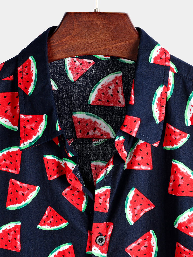 Men's Pink Watermelon Print Short Sleeve Shirt