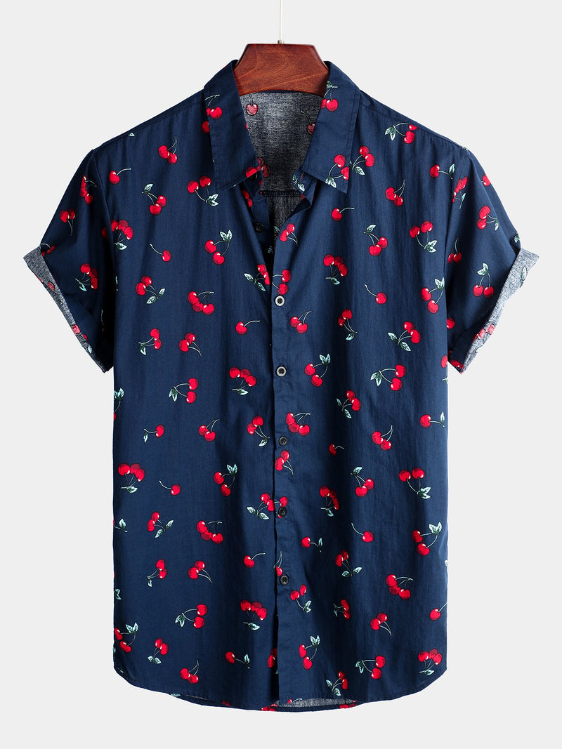Men's Cherry Floral Print Tropical Hawaii Cotton Shirt