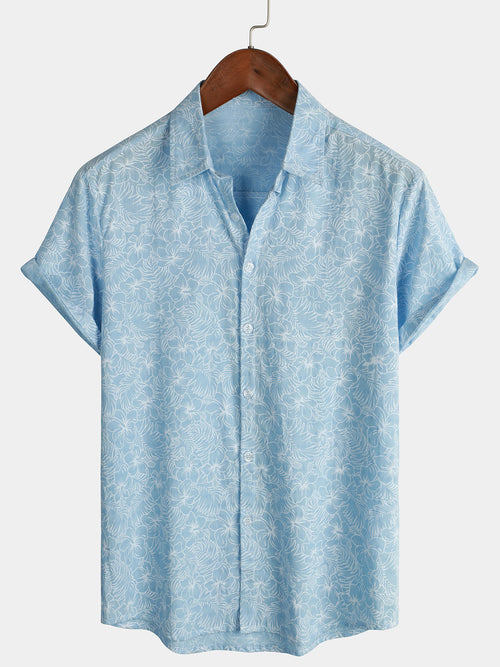 Men's Cotton Floral Holiday Flower Print Button Up Beach Light Blue Hawaiian Short Sleeve Shirt