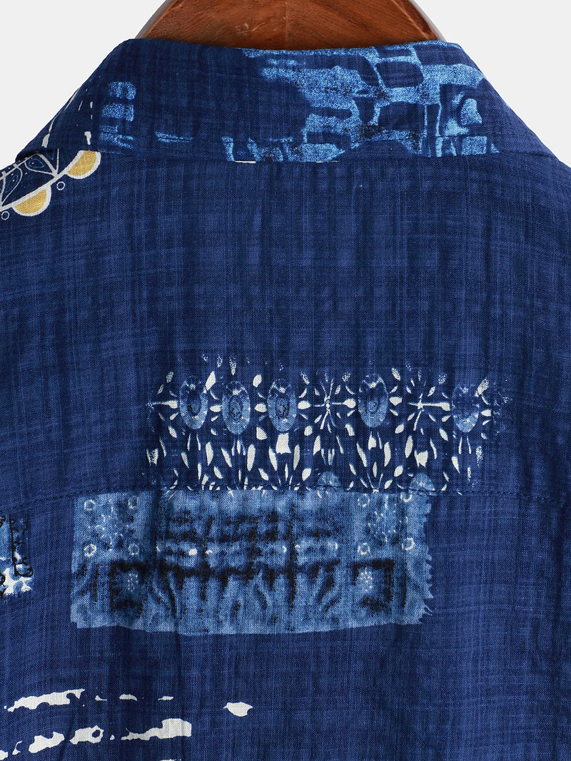 Men's Vintage Patchwork Breathable Cotton Button Up Short Sleeve Navy Blue Shirt