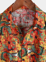Men's Vintage Floral Print Summer Yellow Orange Breathable Cotton Button Bohemian Short Sleeve Shirt