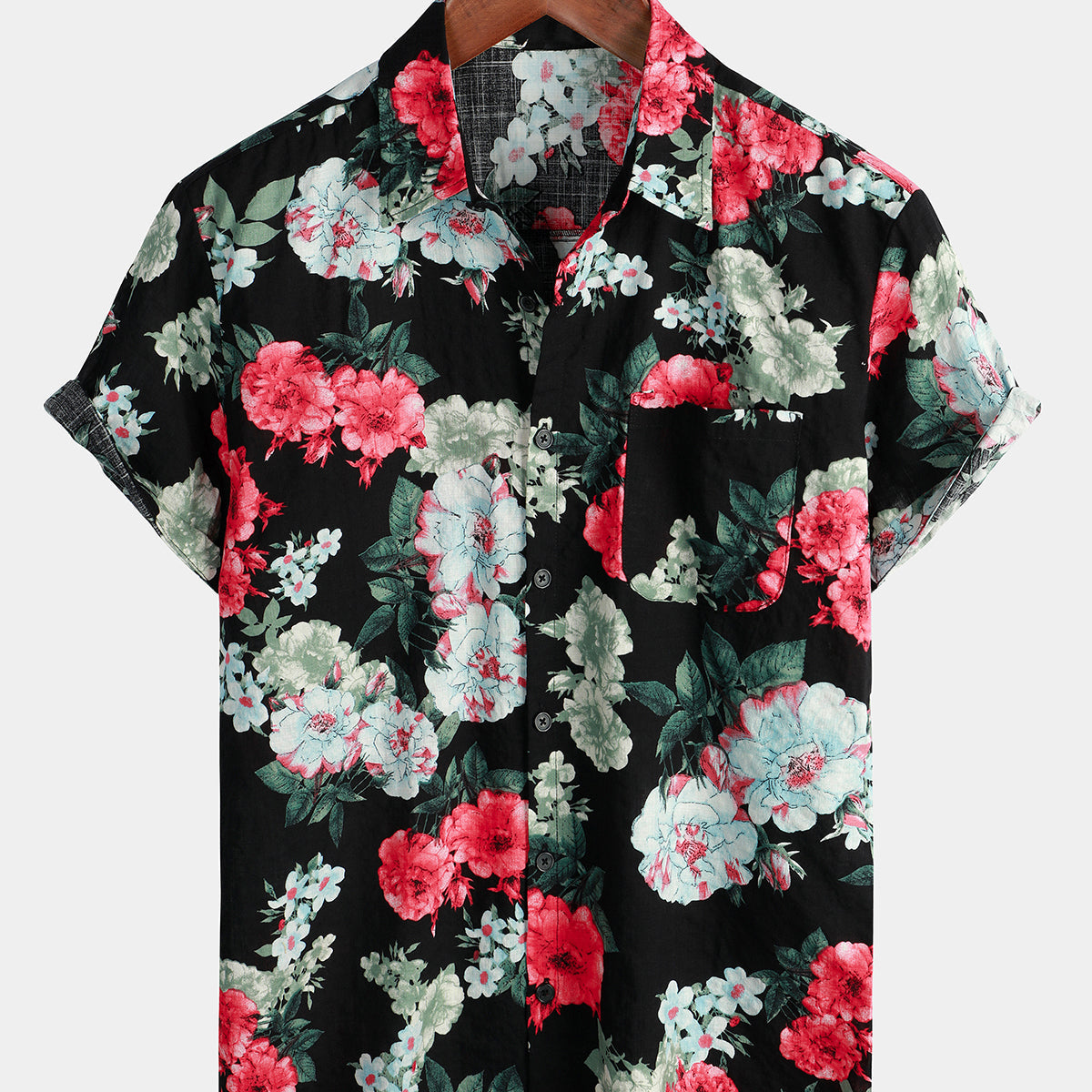 Men's Floral Print Black Pocket Vintage Flowers Short Sleeve Cotton Summer Holiday Shirt
