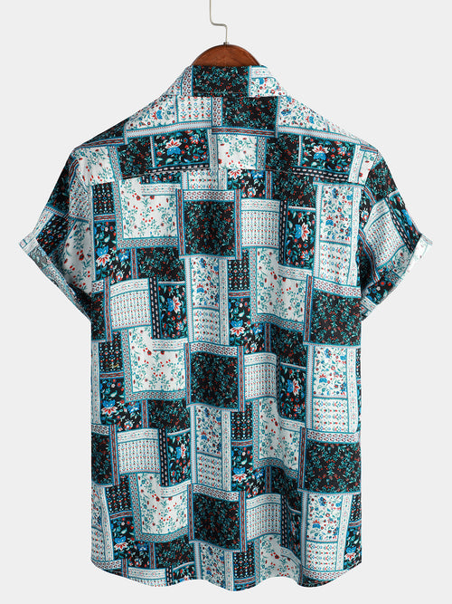 Men's Flower Patchwork Boho Print Retro Floral Casual Button Up Short Sleeve Shirt