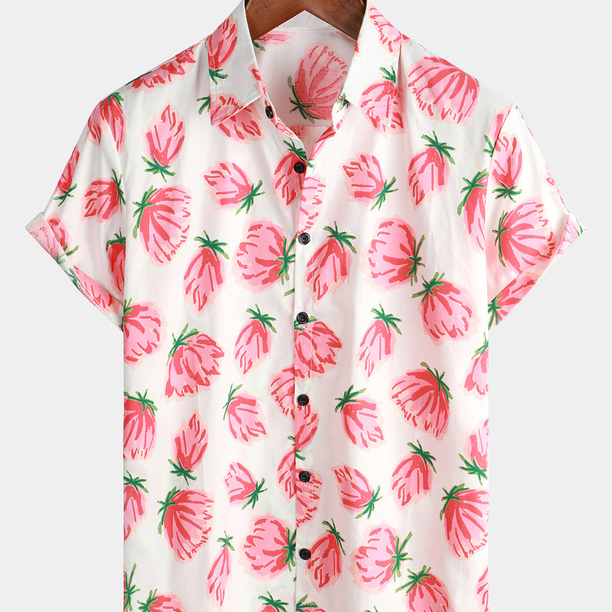 Men's Pink Floral Summer Flowers Cotton Breathable Button Up Cotton Short Sleeve Shirt