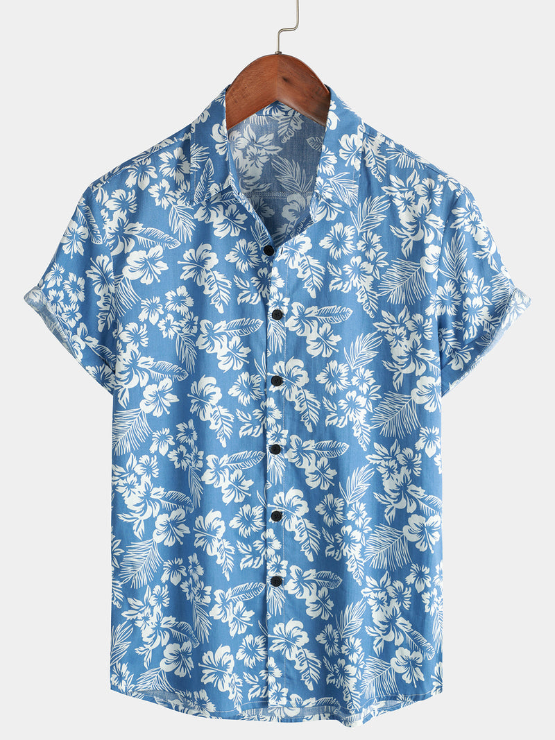 Bundle Of 2 | Men's Blue Tropical Floral Cotton Short Sleeve Aloha Resort Beach Shirts