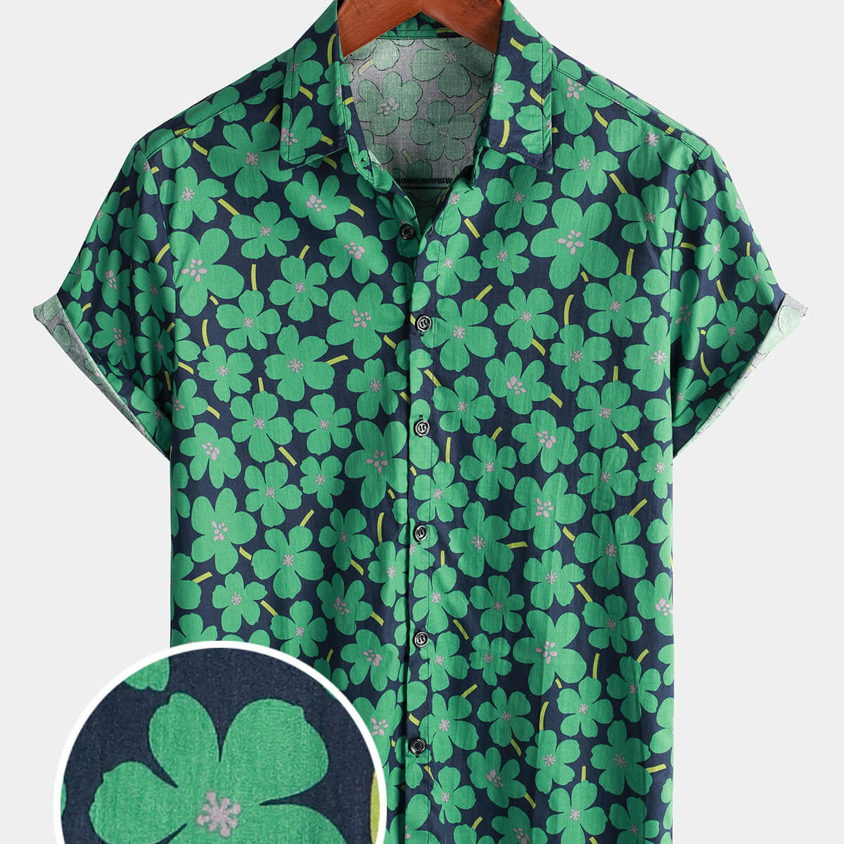 Camisa hawaiana de manga corta verde floral con botones y estampado de flores para vacaciones en la playa para hombre