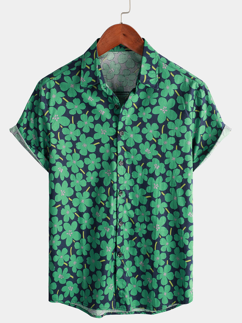 Men's Beach Holiday Flower Print Button Up Floral Green Hawaiian Short Sleeve Shirt
