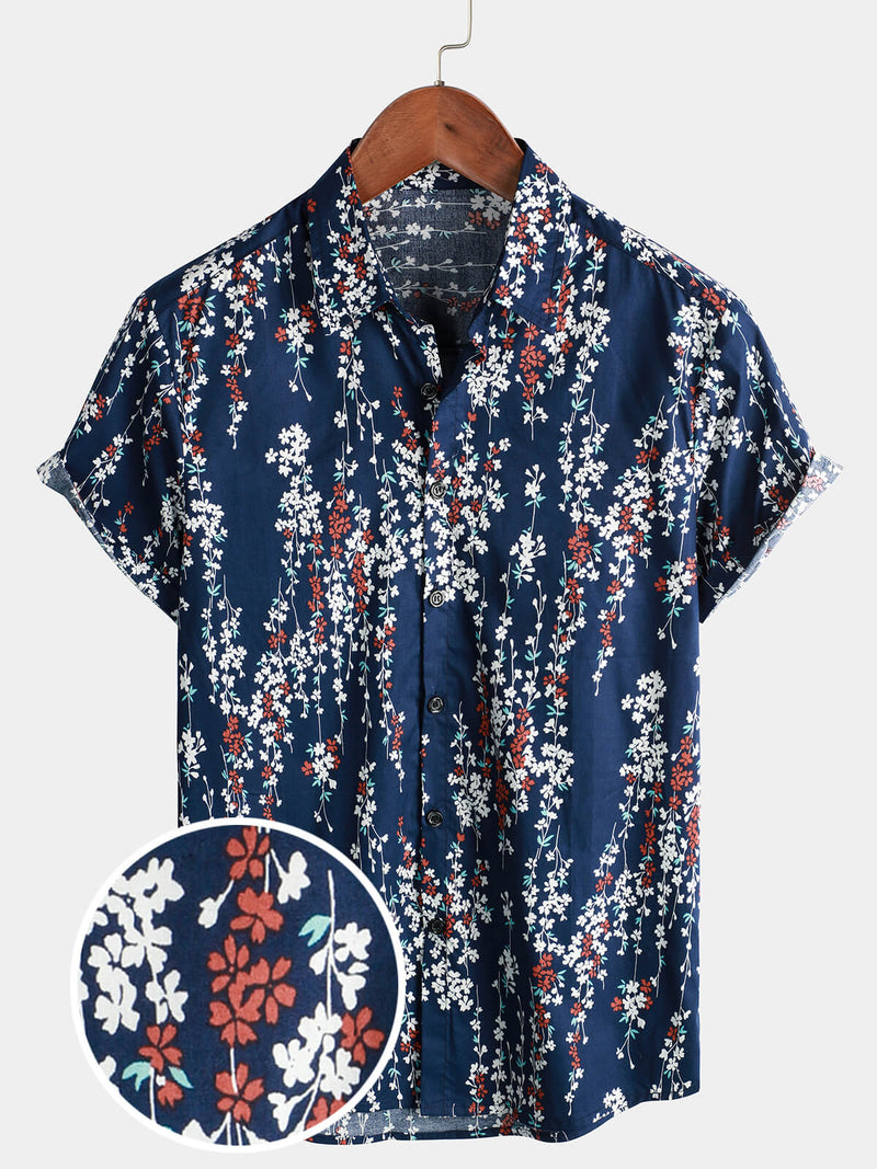 Men's Cotton Summer Flower Print Breathable Beach Button Up Floral Short Sleeve Beach Shirt