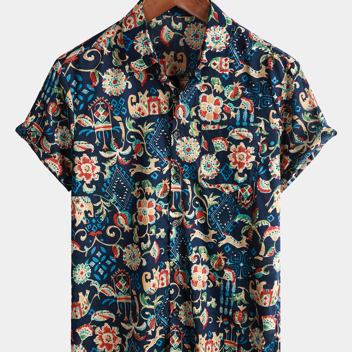 Camisa floral de manga corta azul marino con botones para vacaciones de algodón hawaiano de playa vintage para hombre
