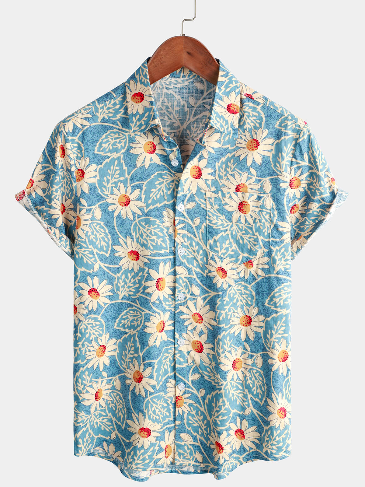 Men&#39;s Retro Beach Hawaiian Cotton Holiday Button Up Blue Short Sleeve Floral Shirt