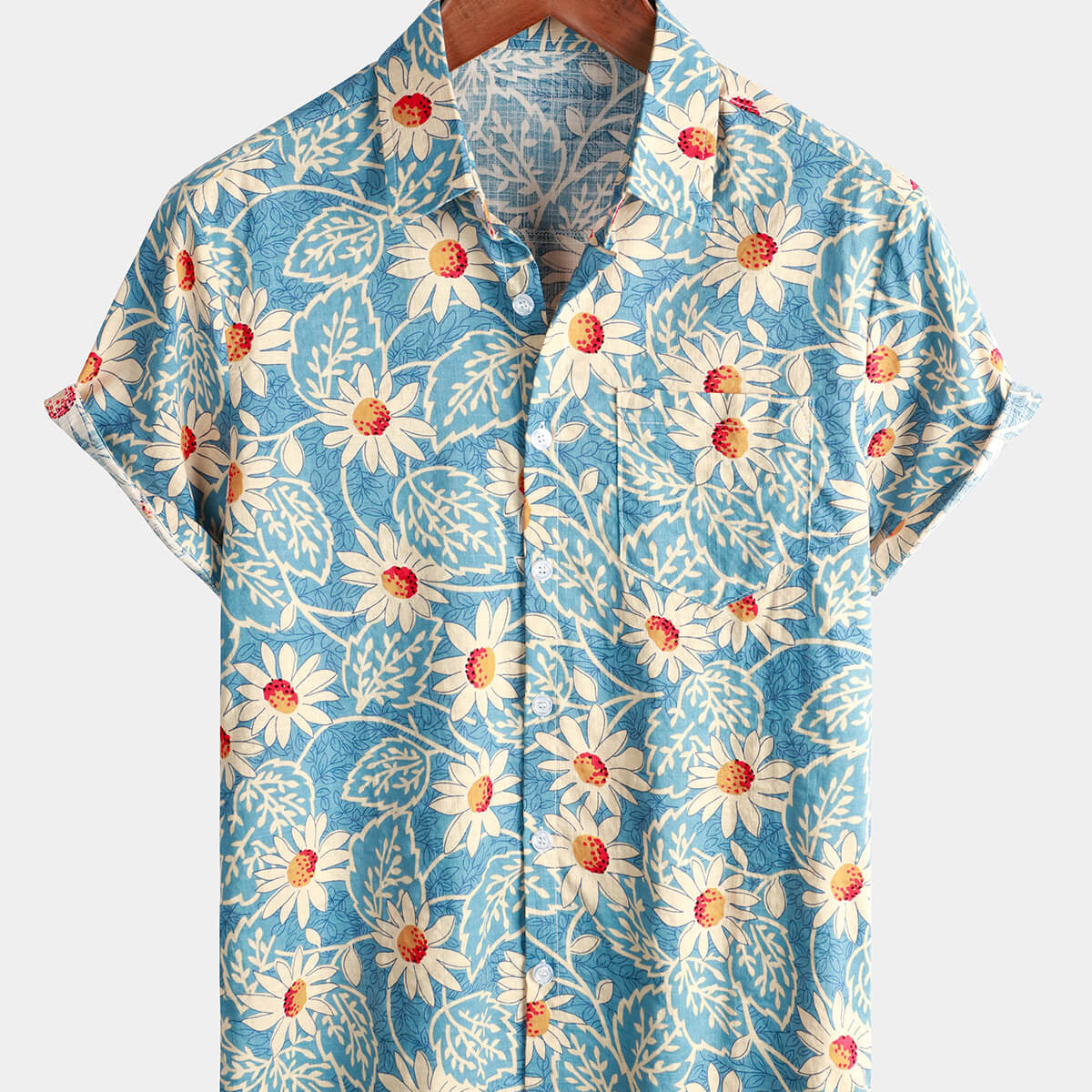 Camisa floral de manga corta azul con botones para vacaciones de algodón hawaiano retro de playa para hombre