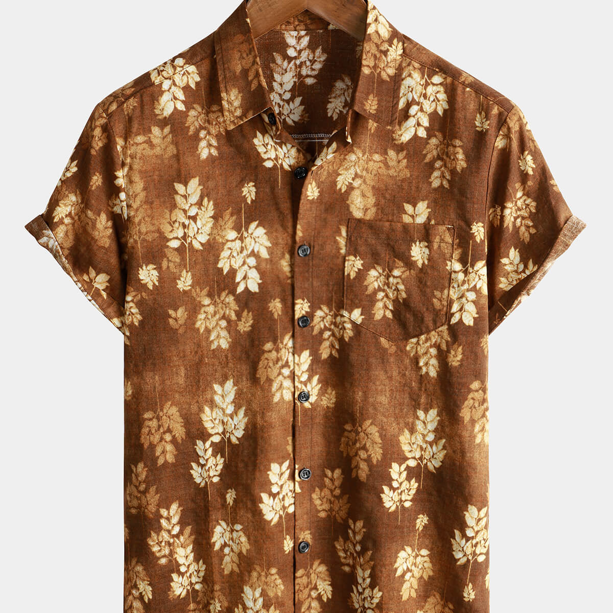 Camisa floral hawaiana Aloha marrón vintage con bolsillo en la playa para hombre