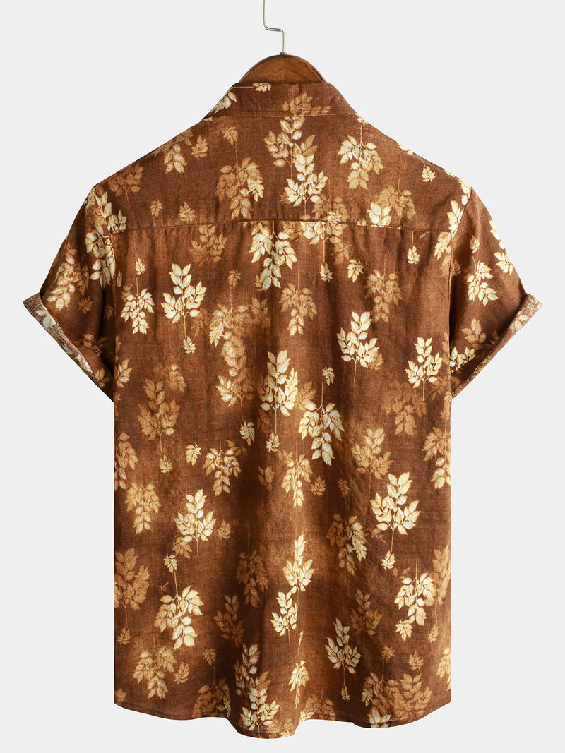 Men's Vintage Beach Pocket Vacation Brown Hawaiian Aloha Floral Shirt