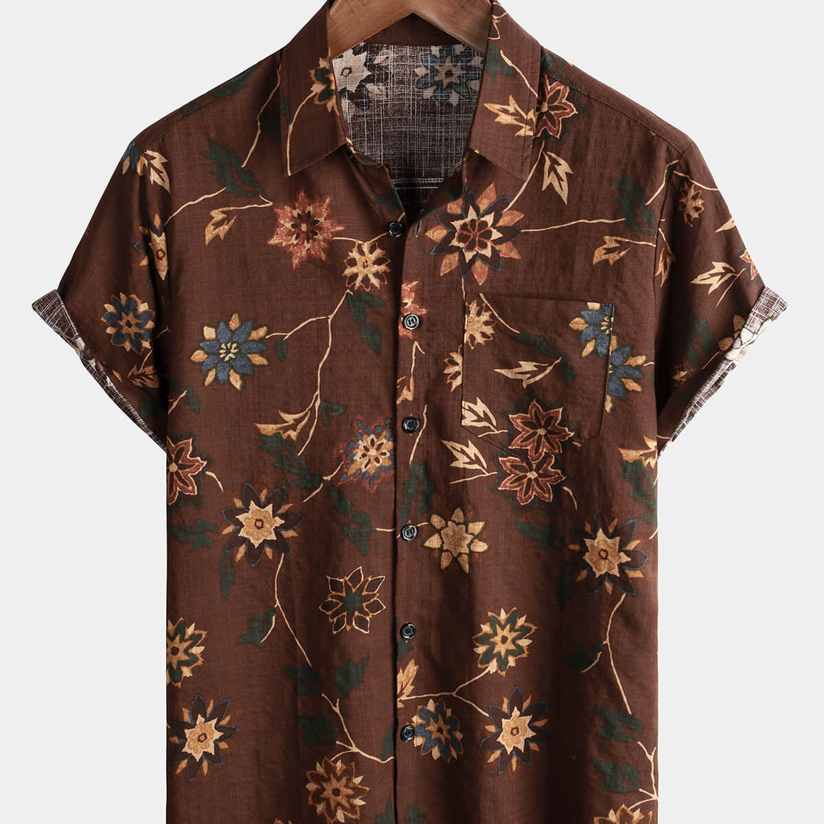 Camisa retro de algodón con bolsillo para la playa para hombre, color marrón, hawaiano, floral, Aloha