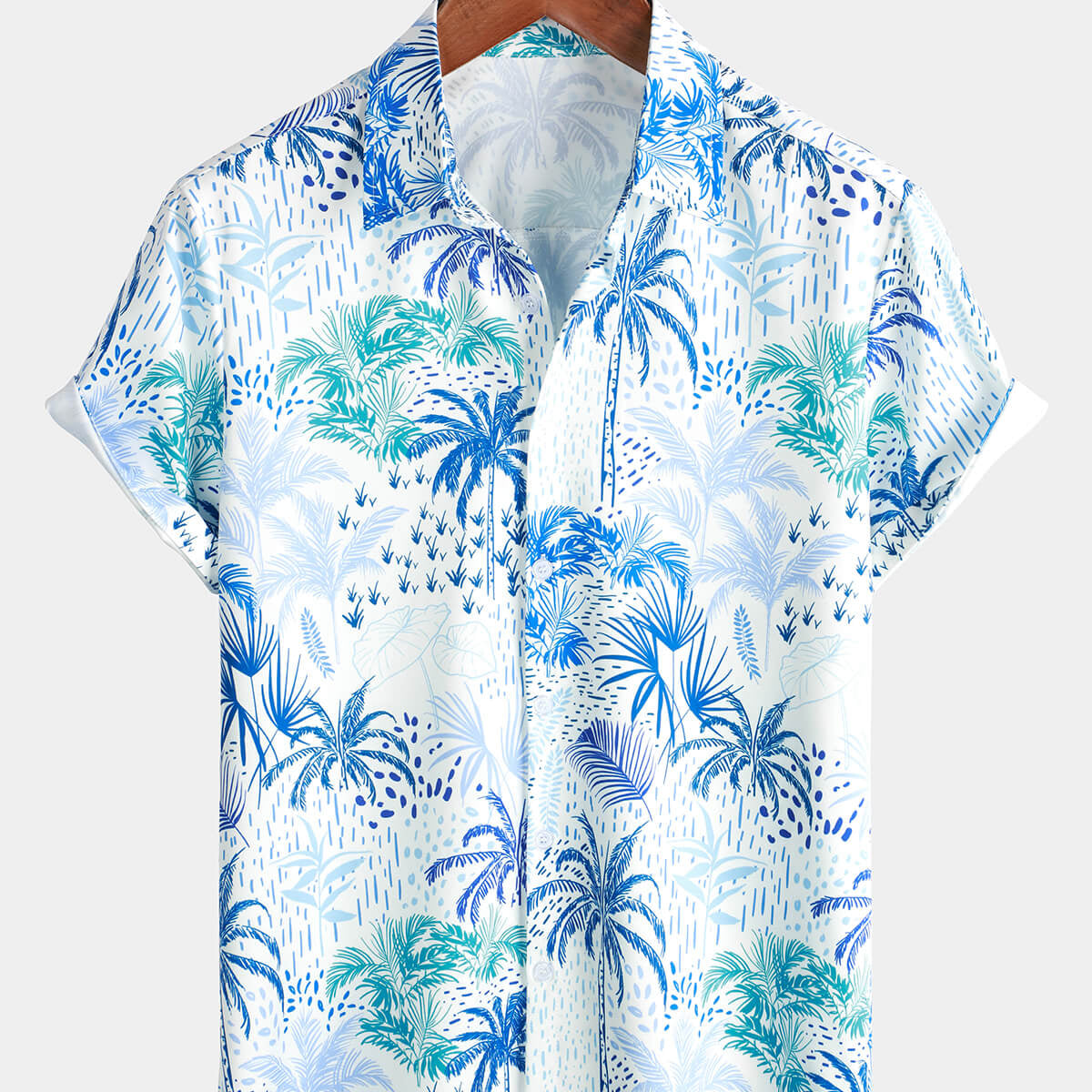 Camisa hawaiana azul de verano de manga corta floral con botones y isla tropical de palmera para hombre