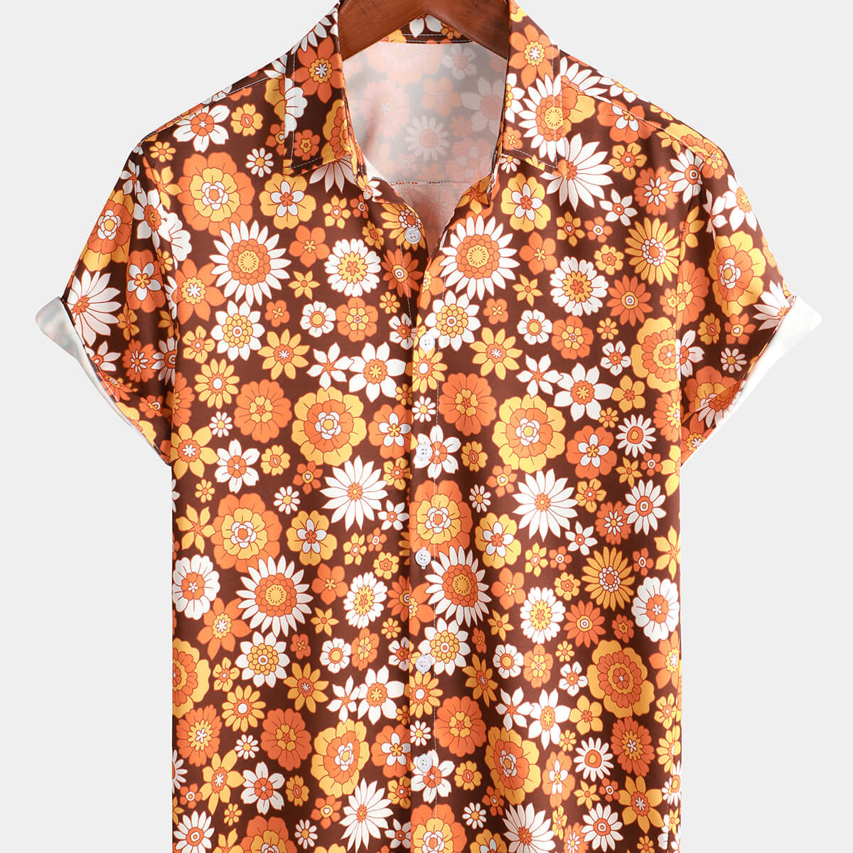 Camisa de verano de playa de manga corta con botones de flores vintage y temática de los años 70 para hombre