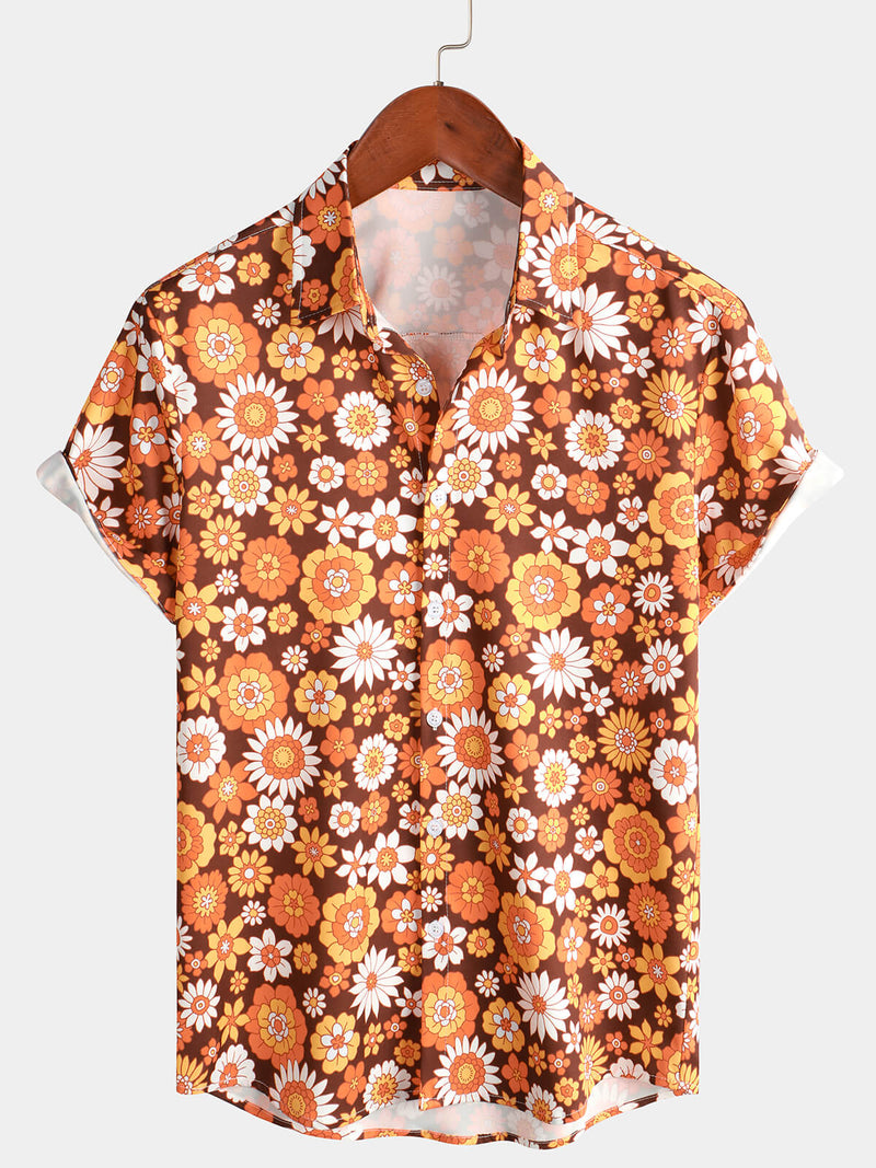Men's Floral Vintage Flower Button Up 70s Themed Disco Party Short Sleeve Beach Summer Shirt