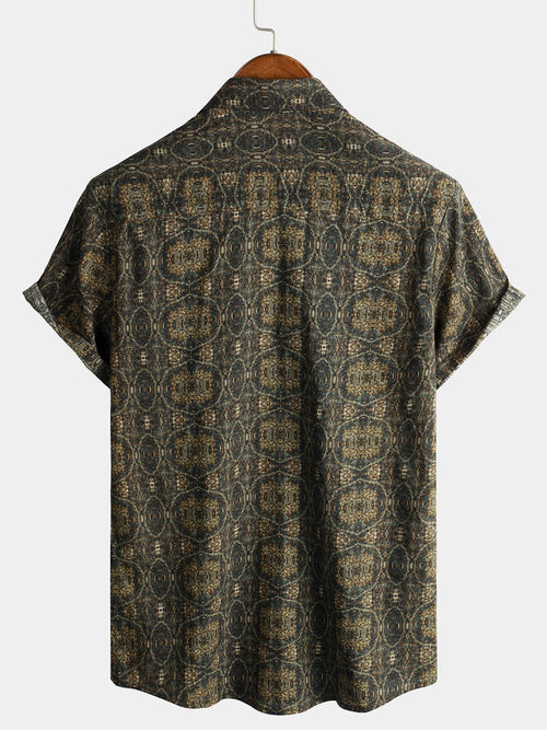Men's Cotton Vintage Short Sleeve 70s Retro Summer Button Up Shirt