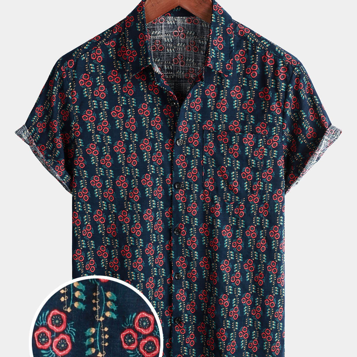 Camisa retro con botones de manga corta vintage con bolsillo de algodón floral azul marino para hombre