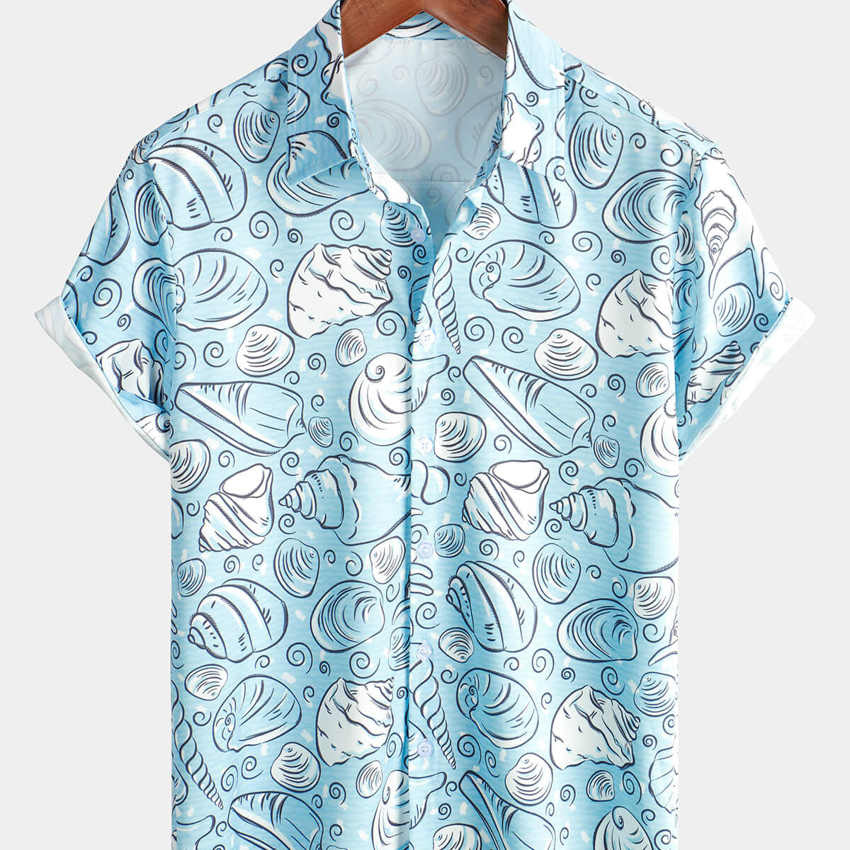 Men's Ocean Button Up Short Sleeve Beach Shell Aloha Light Blue Hawaiian Shirt