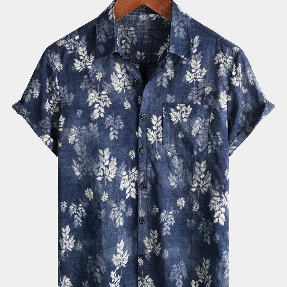Camisa hawaiana con botones de color azul marino retro de verano de manga corta vintage de los años 70 con bolsillo de algodón para hombre