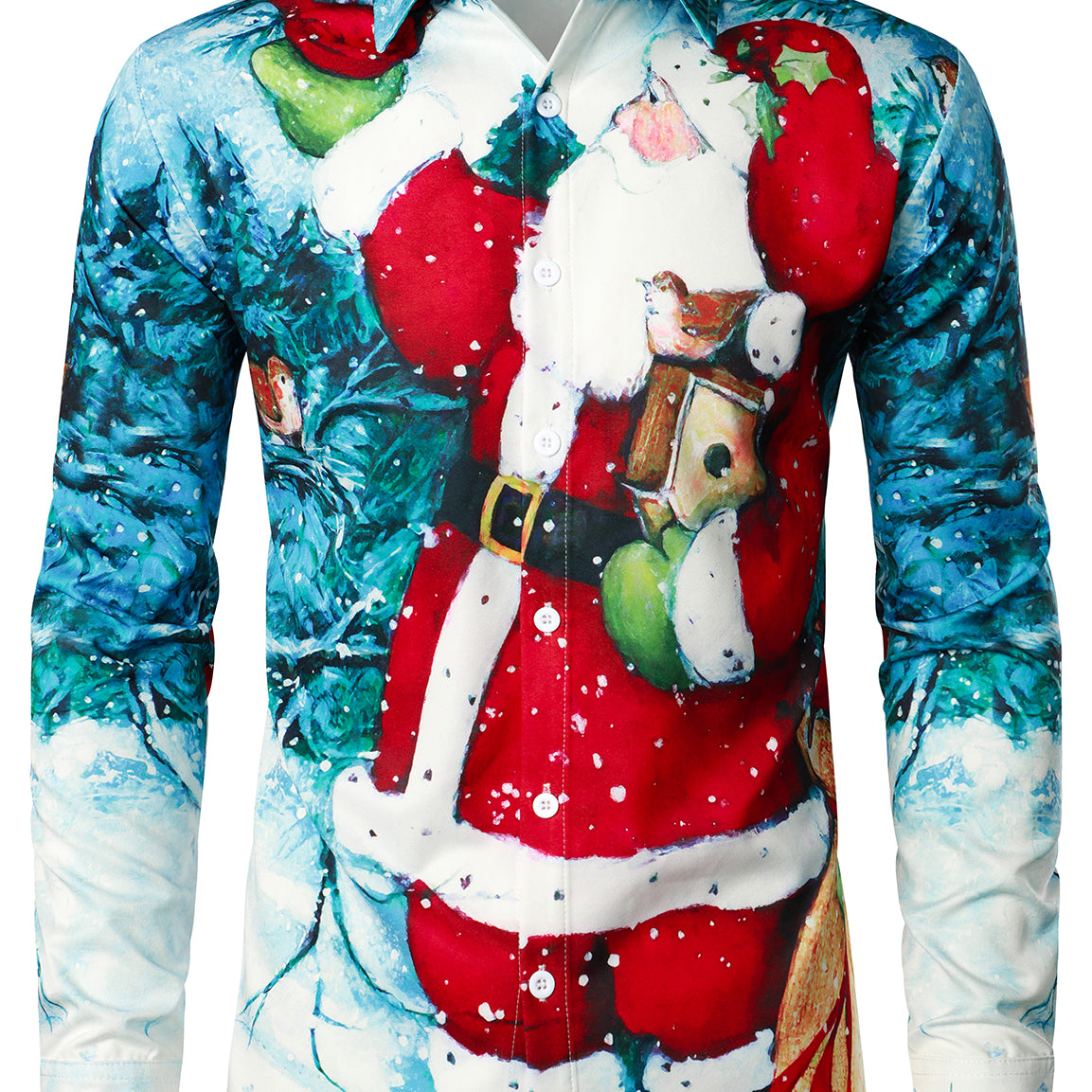 Men's Christmas Print Blue Regular Fit Long Sleeve Shirt