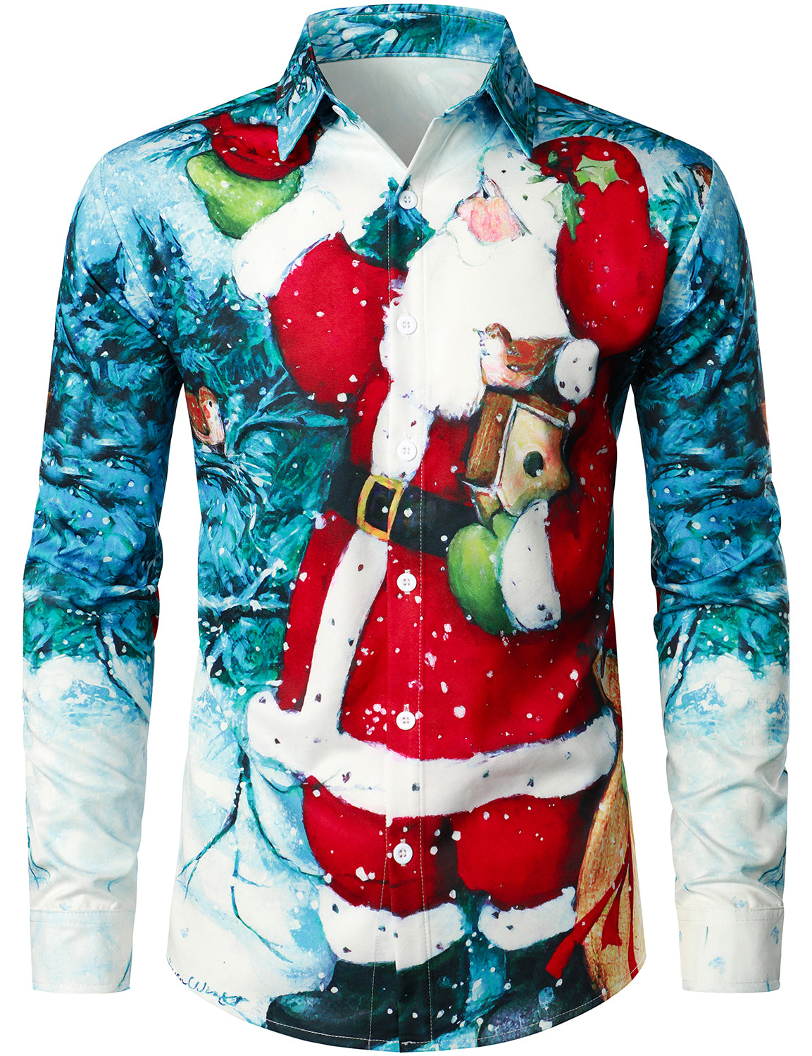 Men's Christmas Print Blue Regular Fit Long Sleeve Shirt