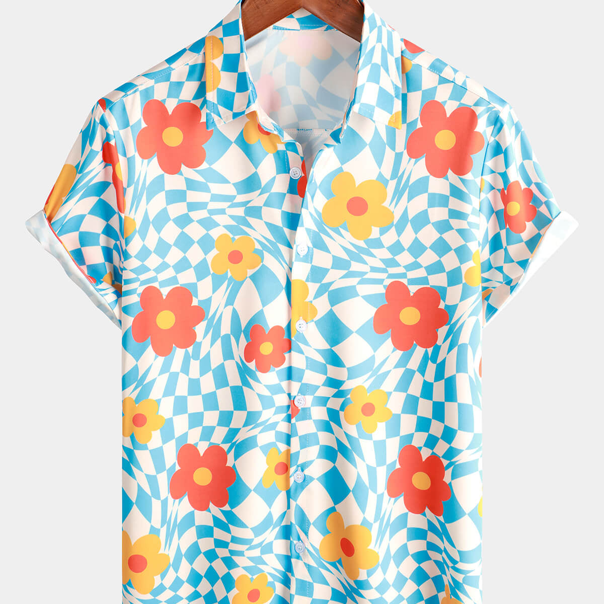Men's Floral Blue Plaid Vintage Button Up Short Sleeve Beach Summer Blue Hawaiian Shirt