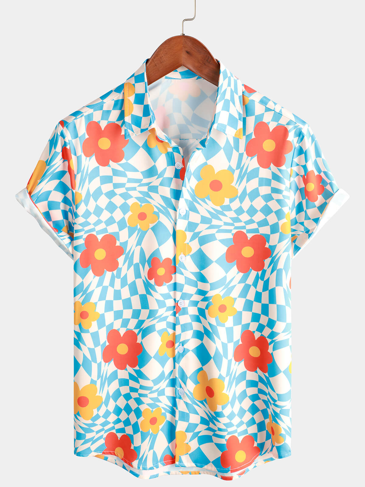 Men's Floral Blue Plaid Vintage Button Up Short Sleeve Beach Summer Blue Hawaiian Shirt