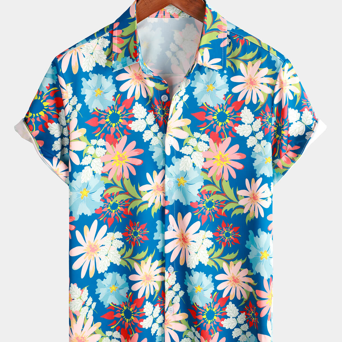 Camisa hawaiana de verano de playa de manga corta con botones azul tropical floral para hombre