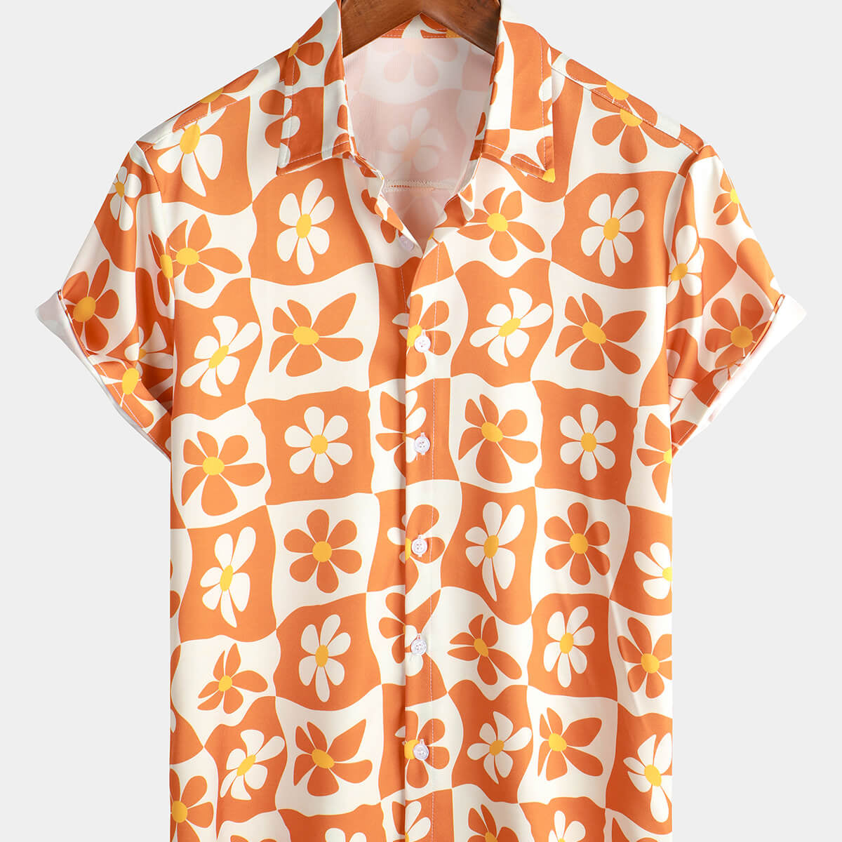Camisa de verano de playa de manga corta con flores de los años 70 y botones vintage a cuadros naranja floral para hombre
