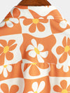 Men's Floral Orange Plaid Vintage Button Up 70s Flower Short Sleeve Beach Summer Shirt