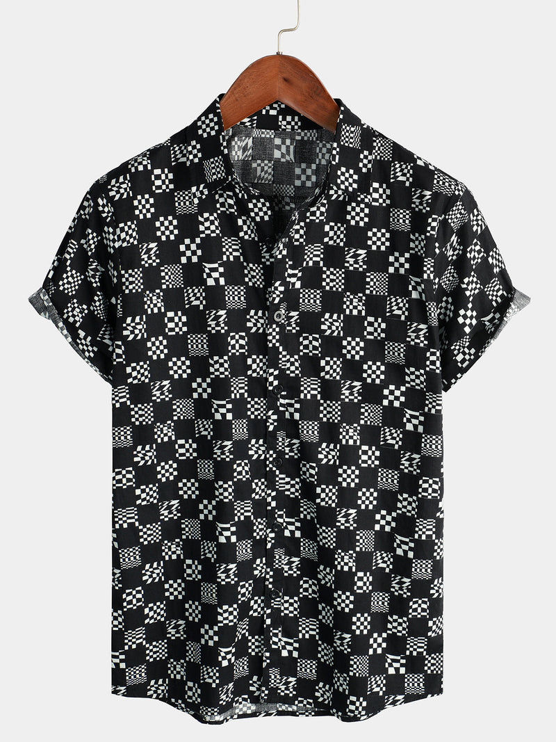 Men's Cotton Checkerboard Plaid Casual Short Sleeve Shirt