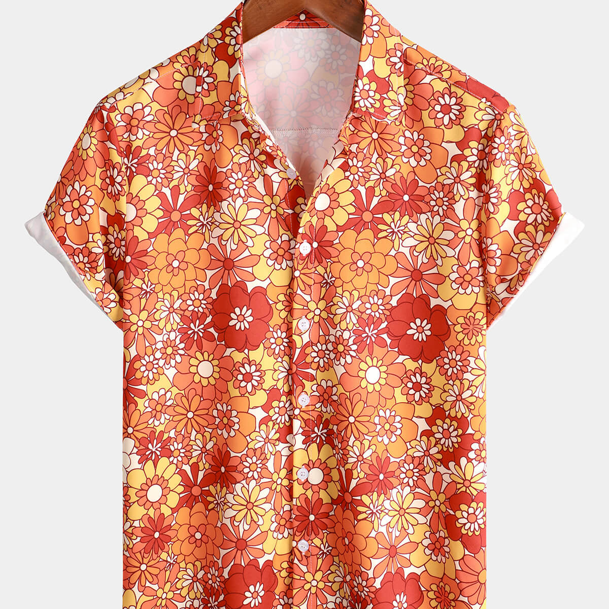 Camisa hawaiana naranja retro de manga corta con botones para fiesta de verano floral vintage para hombre de los años 70