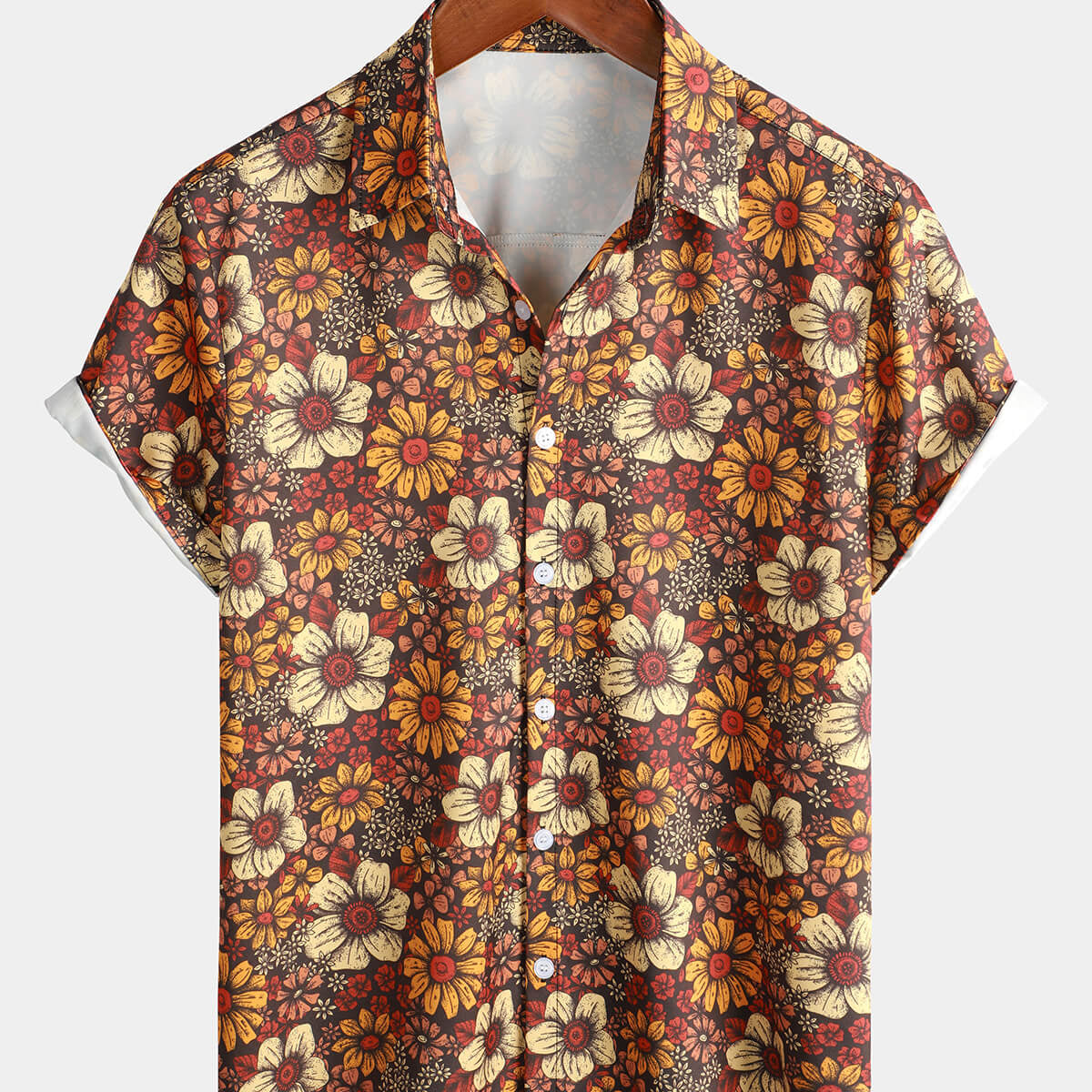 Camisa hawaiana marrón retro de verano de manga corta con botones florales vintage de los años 70 para hombre