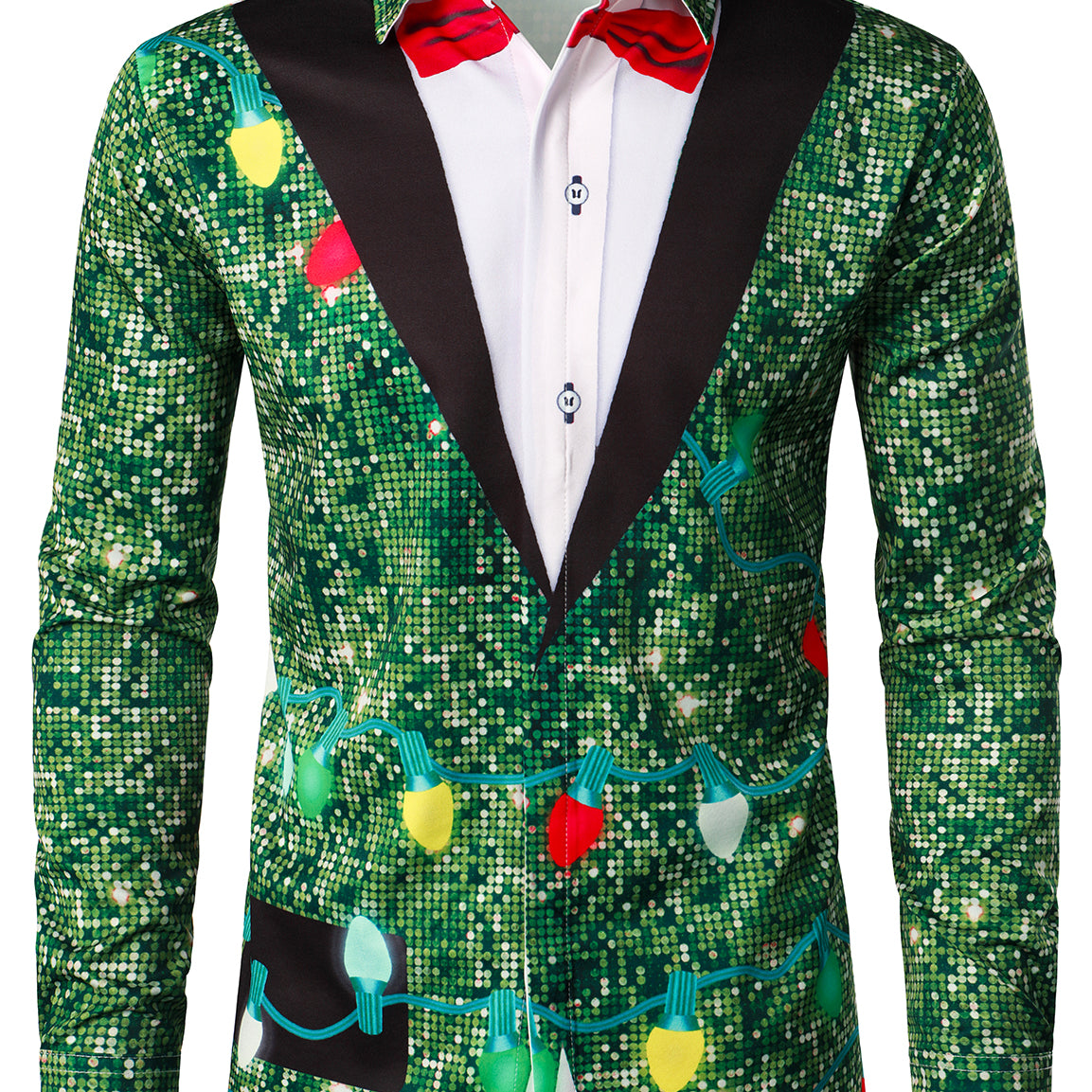 Men's Disco Christmas Tree Funny Outfit Xmas Themed Top Holiday Green Button Long Sleeve Shirt