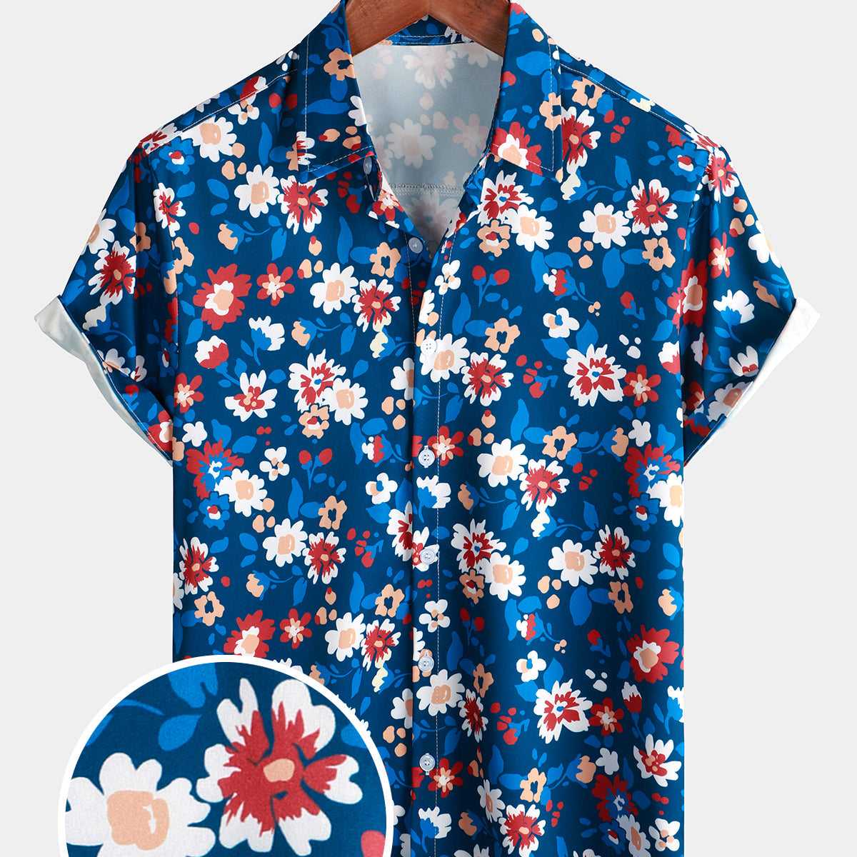 Men's Holiday Blue Flower Print Button Up Floral Vintage Short Sleeve Shirt