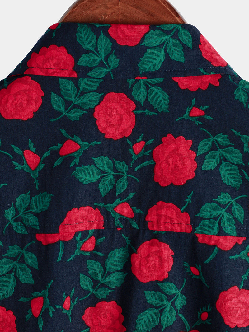 Men's Flower Rose  Print Button Short Sleeve Cotton Shirt