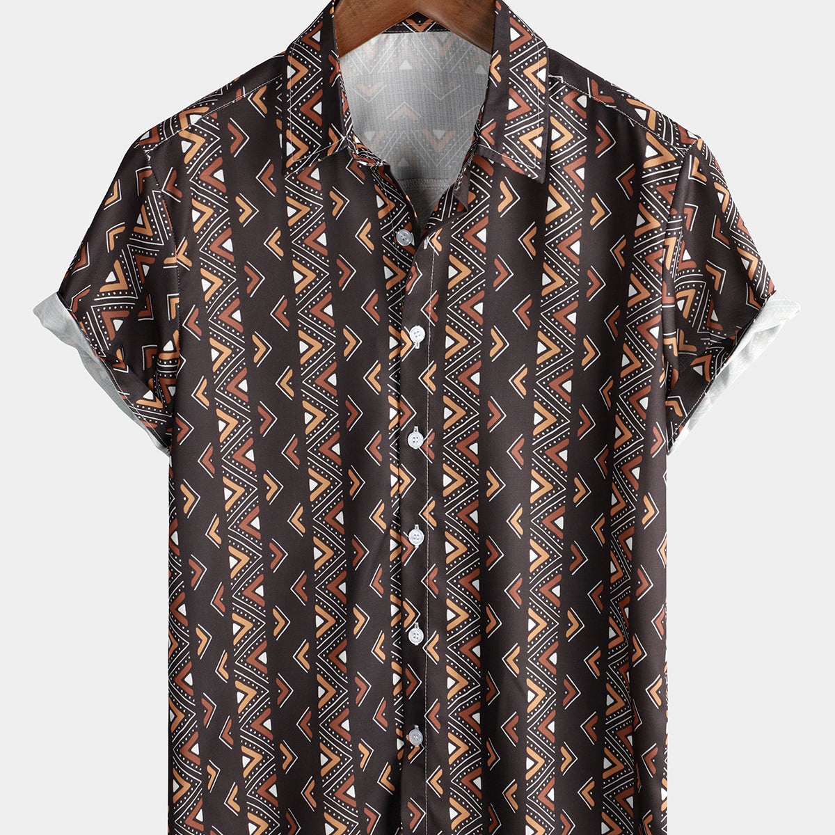 Camisa de manga corta con botones vintage a rayas verticales marrón retro de verano para hombre