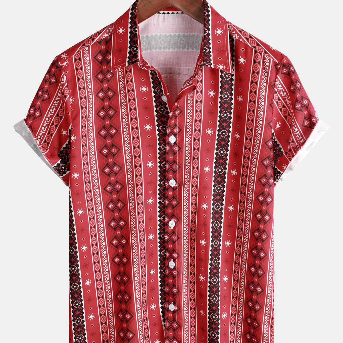 Camisa de solapa con botones de manga corta vintage a rayas rojas informales retro para hombre