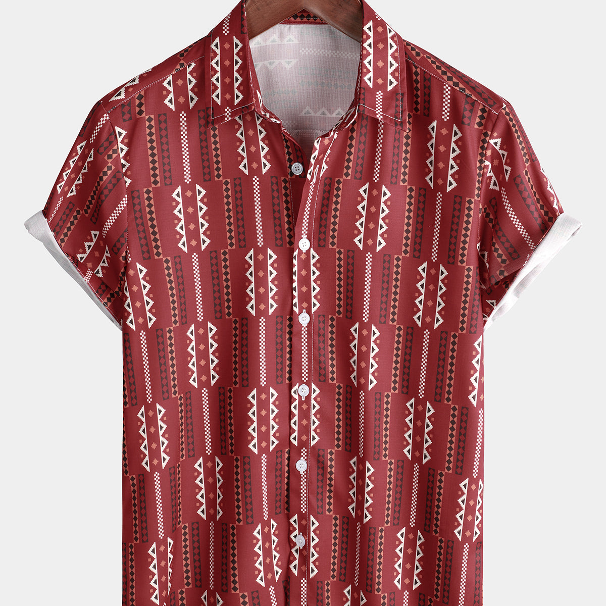 Camisa de solapa con botones de algodón de manga corta vintage a rayas rojas retro informal para hombre