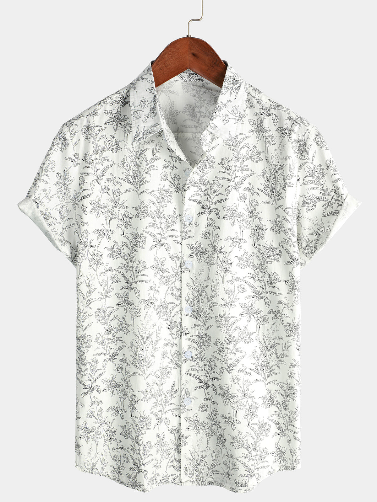Men's Summer Floral Print Cotton Button Up Beach White Hawaiian Shirt