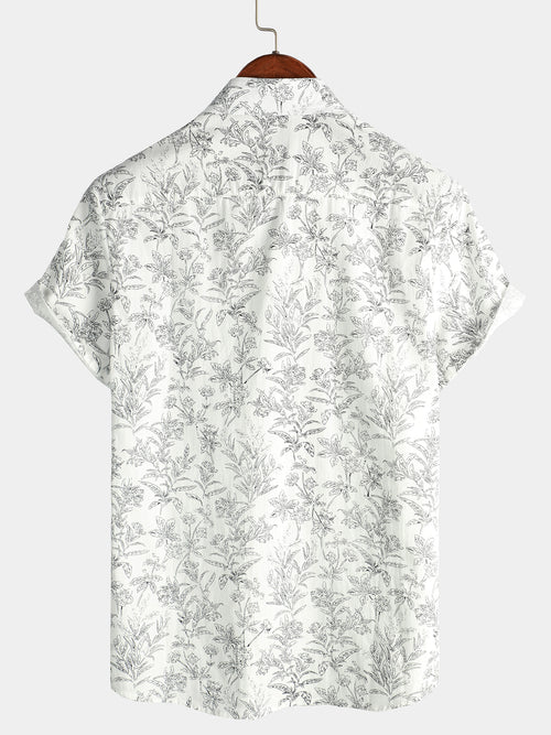 Men's Summer Floral Print Cotton Button Up Beach White Hawaiian Shirt