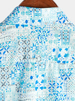 Men's Vintage Cotton Floral Print Blue Short Sleeve Shirt