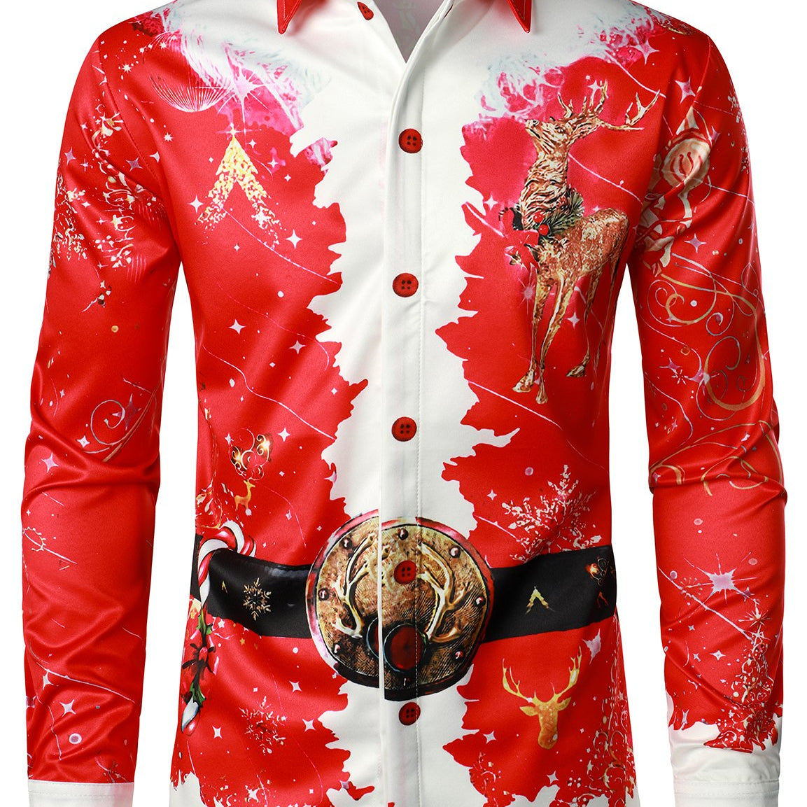 Men's Christmas Themed Santa Top Red Funny Outfit Holiday Button Long Sleeve Shirt