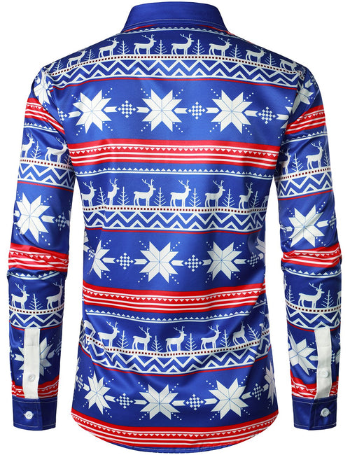 Men's Christmas Snowflake Regular Fit Blue Funny Fair Isle Print Long Sleeve Shirt