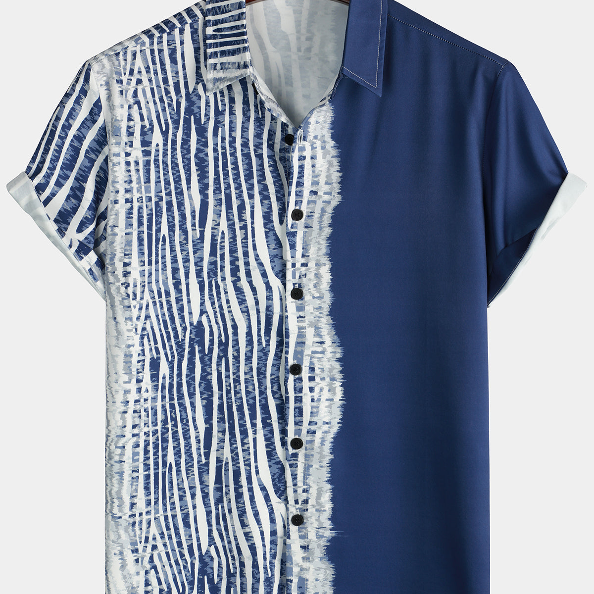 Men's Vintage Striped Button Up Holiday Beach Wave Navy Blue Lapel Short Sleeve Aloha Shirt