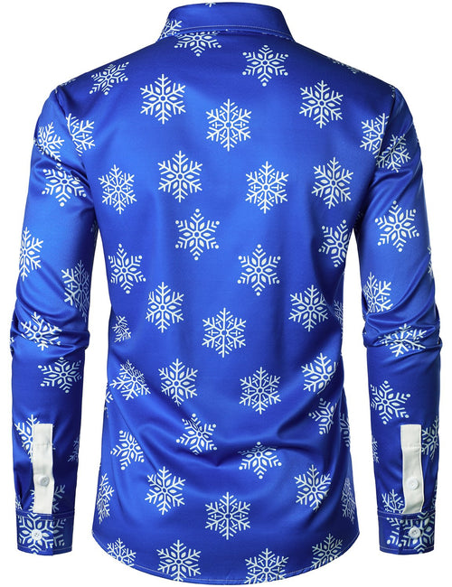 Men's Christmas Snowflake Print Blue Regular Fit Long Sleeve Shirt