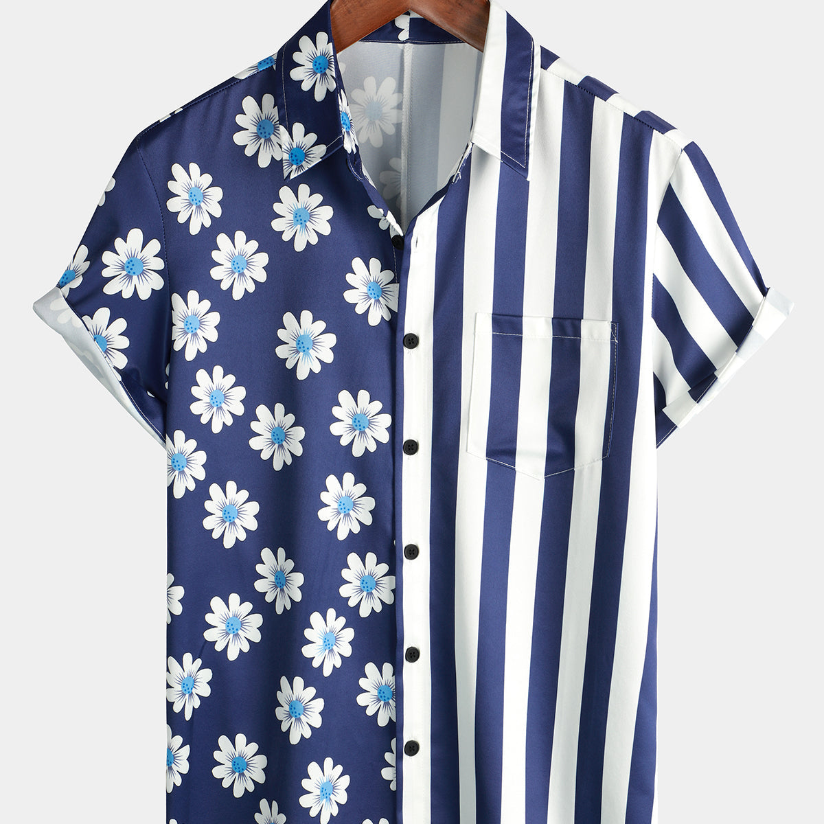 Men's Summer Navy Blue and White Striped & Daisy Floral Print Pocket Flower Short Sleeve Hawaiian Shirt